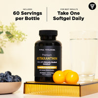Vital Vitamins Astaxanthin bottle - 60 servings per bottle, take one softgel daily with food for antioxidant support