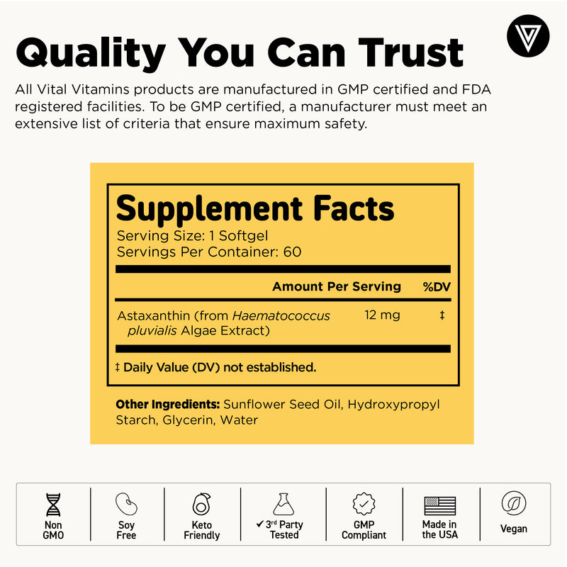 Vital Vitamins Astaxanthin supplement facts - 12 mg astaxanthin from Haematococcus pluvialis per softgel