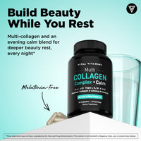 Vital Vitamins Multi Collagen Complex + Calm bottle on teal background - build beauty while you rest with collagen and ashwagandha
