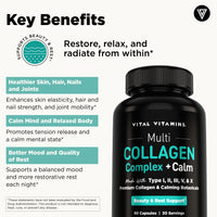 Vital Vitamins Multi Collagen Complex + Calm key benefits graphic - supports skin, hair, nails, joints, relaxation and sleep quality