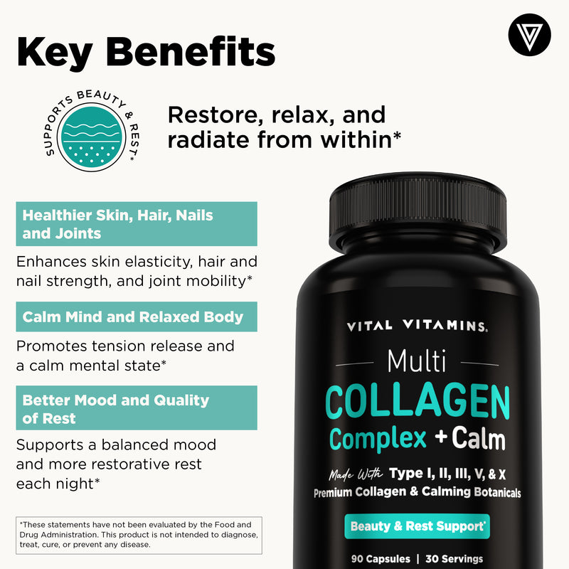 Vital Vitamins Multi Collagen Complex + Calm key benefits graphic - supports skin, hair, nails, joints, relaxation and sleep quality