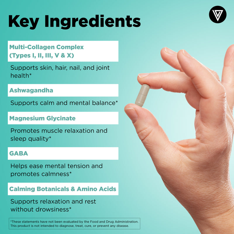 Hand holding a light-colored Multi Collagen + Calm capsule on teal background - collagen, ashwagandha, L-theanine and GABA ingredients