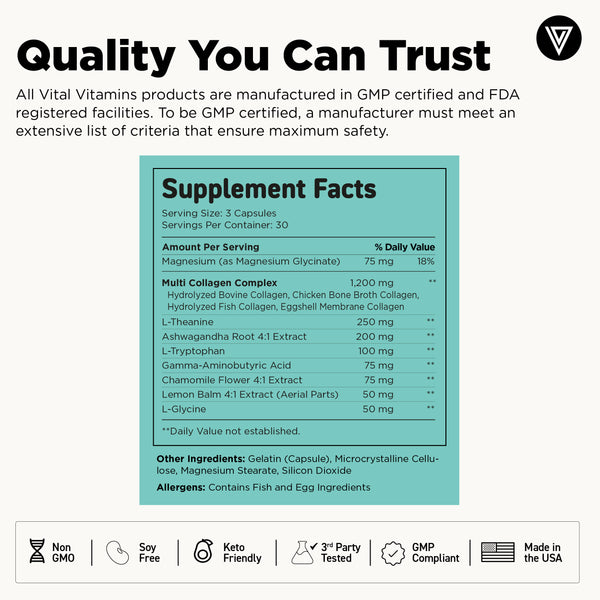 Vital Vitamins Multi Collagen Complex + Calm supplement facts - 1200mg collagen blend with ashwagandha, L-theanine and GABA per serving