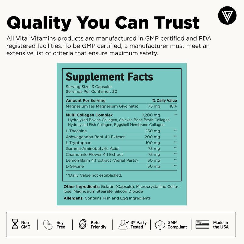 Vital Vitamins Multi Collagen Complex + Calm supplement facts - 1200mg collagen blend with ashwagandha, L-theanine and GABA per serving