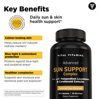 Vital Vitamins Sun Support Complex key benefits graphic - supports healthy skin defense against sun exposure, photoaging and environmental stress