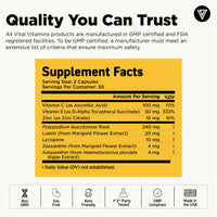 Vital Vitamins Sun Support Complex supplement facts - vitamin C, vitamin E, zinc and 240mg polypodium leucotomos per serving