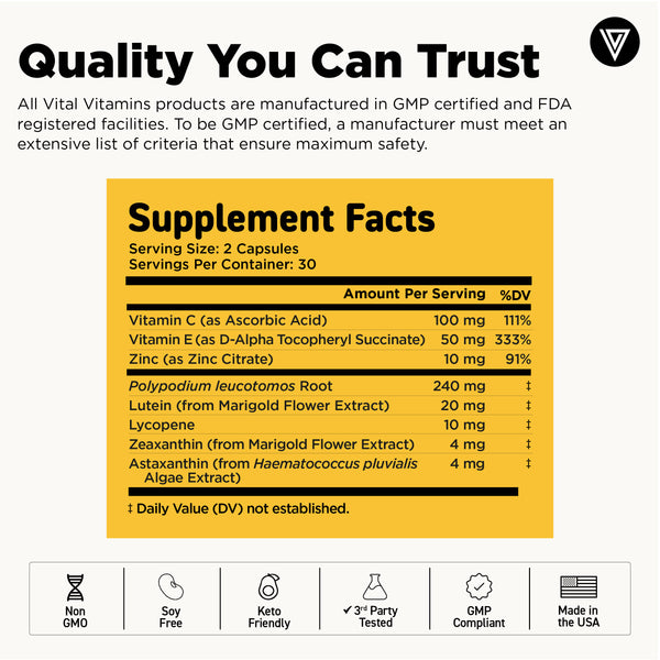 Vital Vitamins Sun Support Complex supplement facts - vitamin C, vitamin E, zinc and 240mg polypodium leucotomos per serving