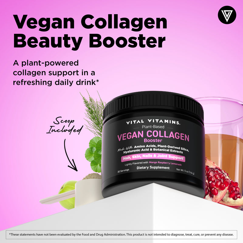 Vital Vitamins Vegan Collagen Booster Powder - Made with Amino Acids, Silica, Hyaluronic Acid, Botanical Extracts - Plant-Based