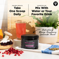 Vital Vitamins Vegan Collagen Booster Powder tub with glass of mixed drink - 30 servings, mix one scoop with water daily