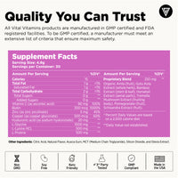 Vital Vitamins Vegan Collagen Booster Powder supplement facts panel showing vitamin C, biotin, bamboo stem extract and collagen boosters