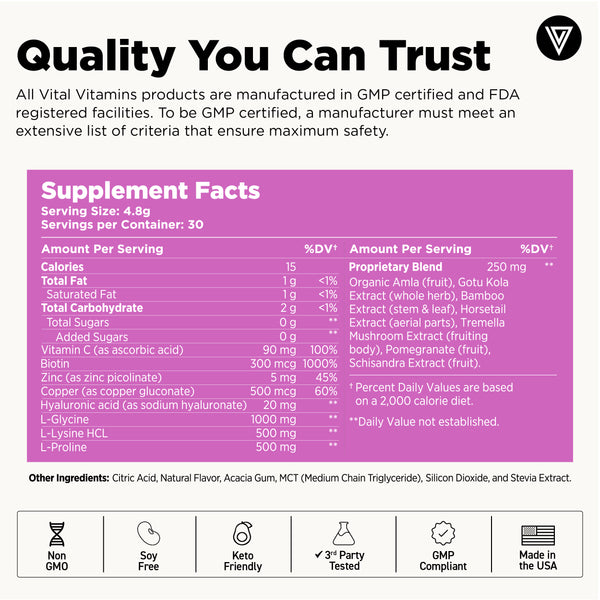 Vital Vitamins Vegan Collagen Booster Powder supplement facts panel showing vitamin C, biotin, bamboo stem extract and collagen boosters