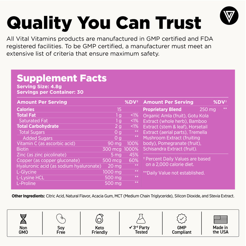 Vital Vitamins Vegan Collagen Booster Powder supplement facts panel showing vitamin C, biotin, bamboo stem extract and collagen boosters