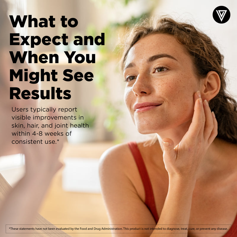 Woman with glowing skin touching her face - what to expect from Vital Vitamins Vegan Collagen Booster Powder over time