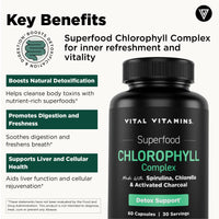 Vital Vitamins Chlorophyll Complex key benefits - boosts natural detoxification, promotes digestion and freshness, supports liver and cellular health