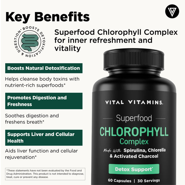 Vital Vitamins Chlorophyll Complex key benefits - boosts natural detoxification, promotes digestion and freshness, supports liver and cellular health