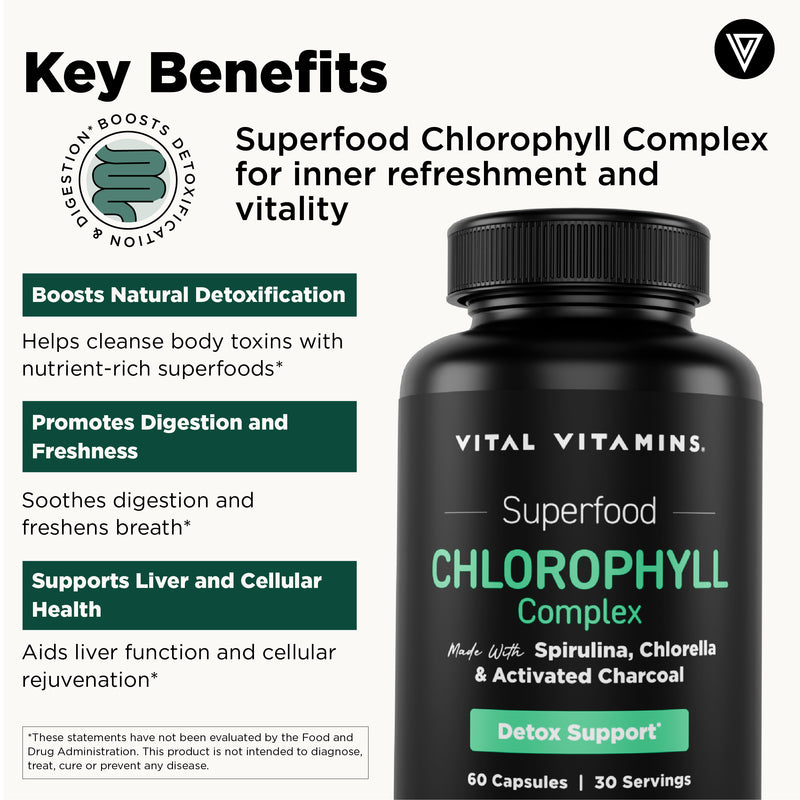 Vital Vitamins Chlorophyll Complex key benefits - boosts natural detoxification, promotes digestion and freshness, supports liver and cellular health