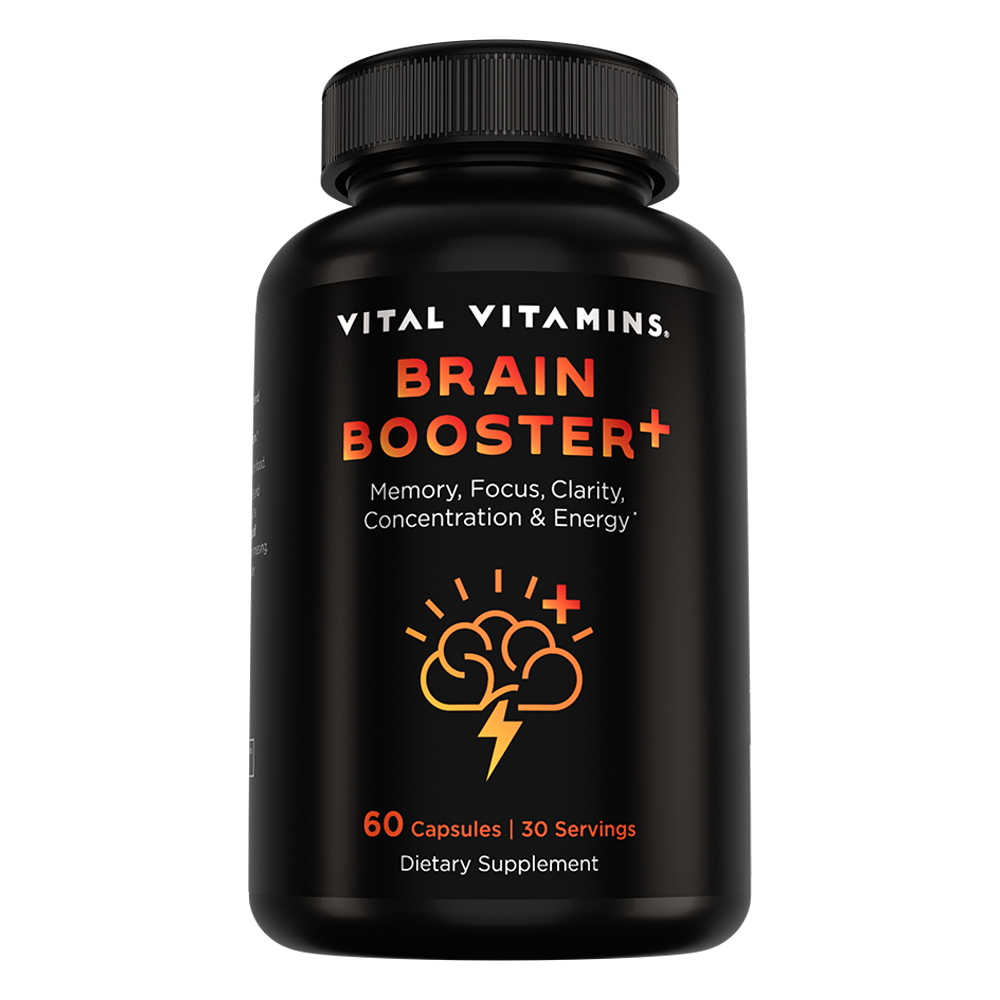 Vital Vitamins Brain Booster+ bottle, 60 capsules, black label with orange brain-and-lightning icon for memory, focus, clarity and energy