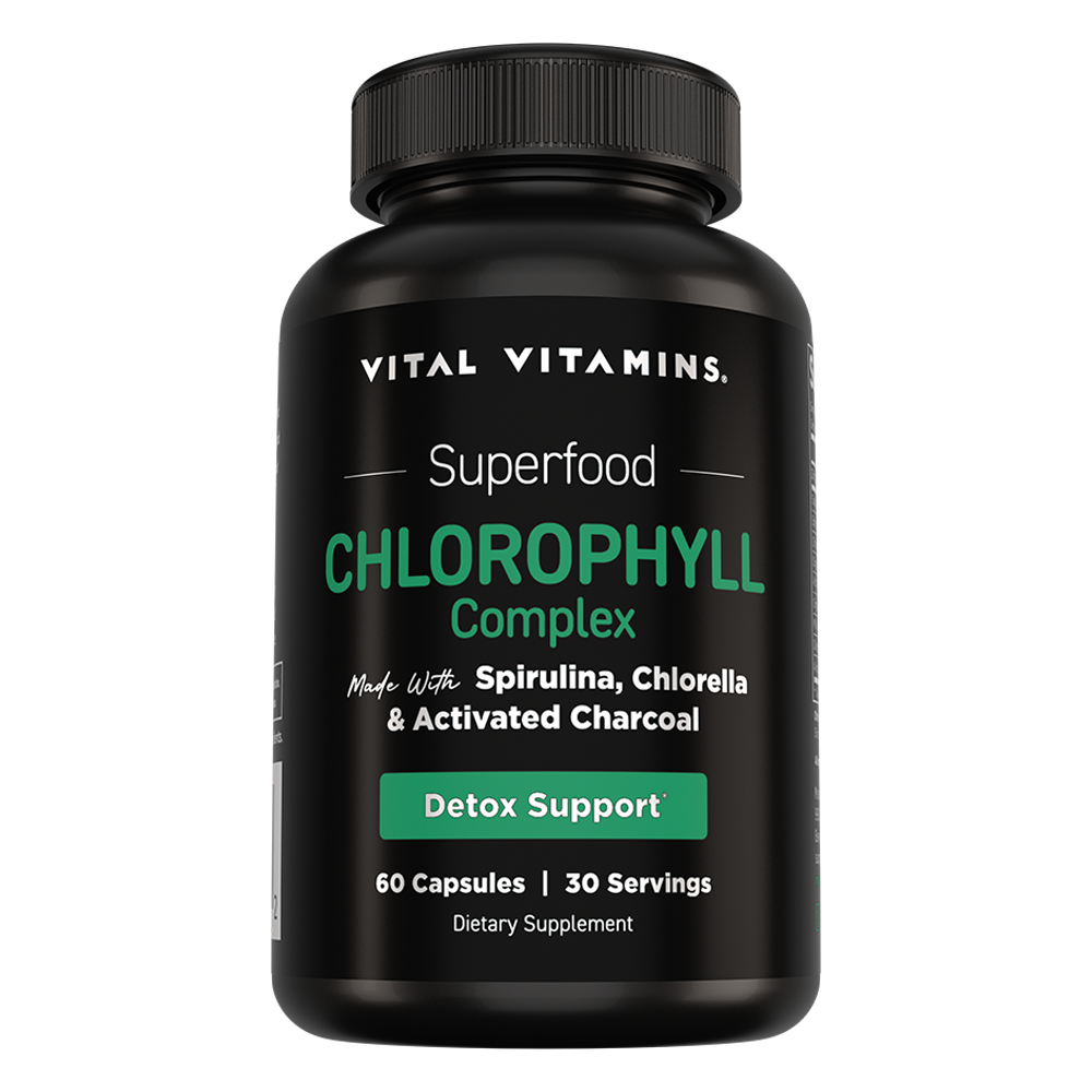Vital Vitamins Chlorophyll Complex bottle - 60-capsule superfood formula with spirulina, chlorella and activated charcoal for detox support