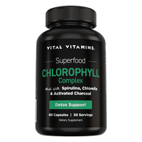 Vital Vitamins Chlorophyll Complex bottle - 60-capsule superfood formula with spirulina, chlorella and activated charcoal for detox support