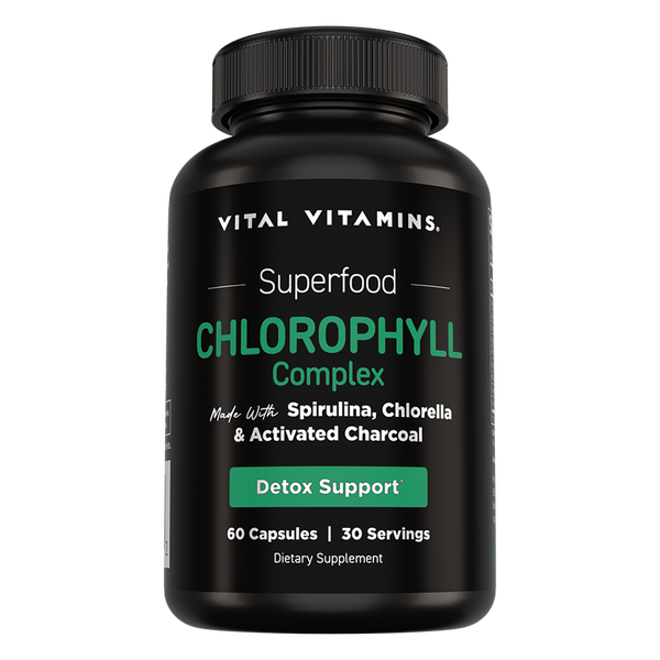 Vital Vitamins Chlorophyll Complex bottle - 60-capsule superfood formula with spirulina, chlorella and activated charcoal for detox support