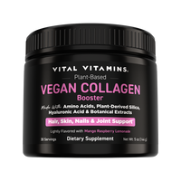 Vital Vitamins Plant-Based Vegan Collagen Booster black jar with pink label, made with amino acids, silica, HA and botanicals, Mango Raspberry Lemonade, 30 servings