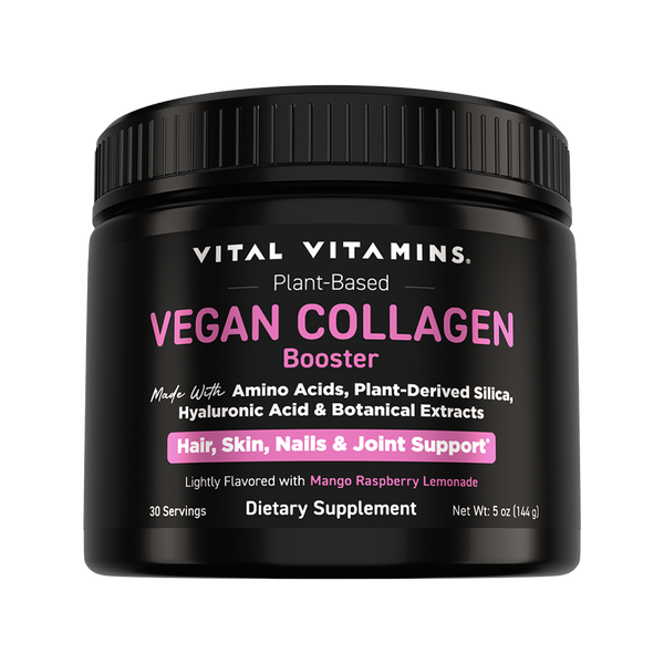 Vital Vitamins Plant-Based Vegan Collagen Booster black jar with pink label, made with amino acids, silica, HA and botanicals, Mango Raspberry Lemonade, 30 servings